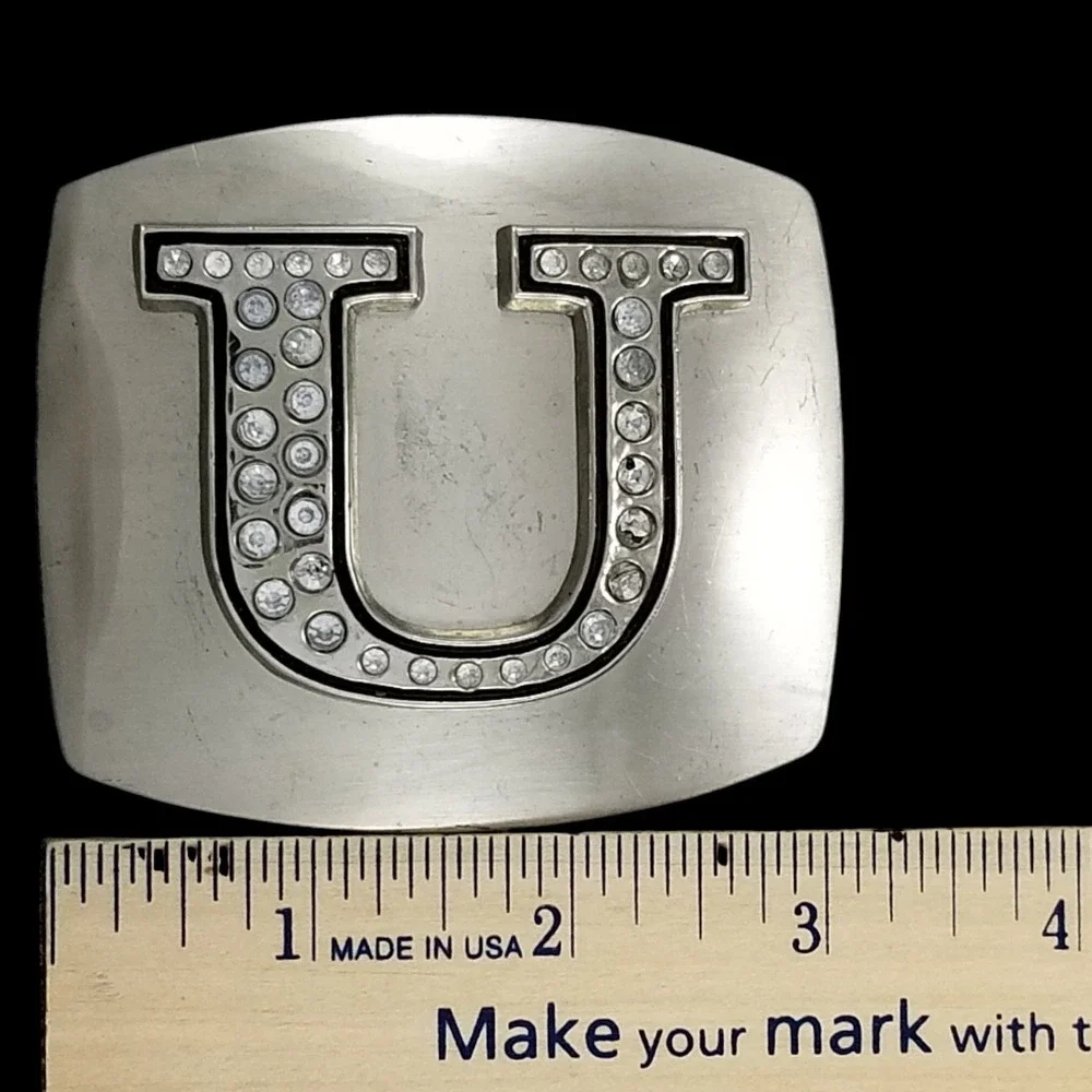 Rhinestone‎ Initial U Belt Buckle Silver Tone Western Fashion Accessory